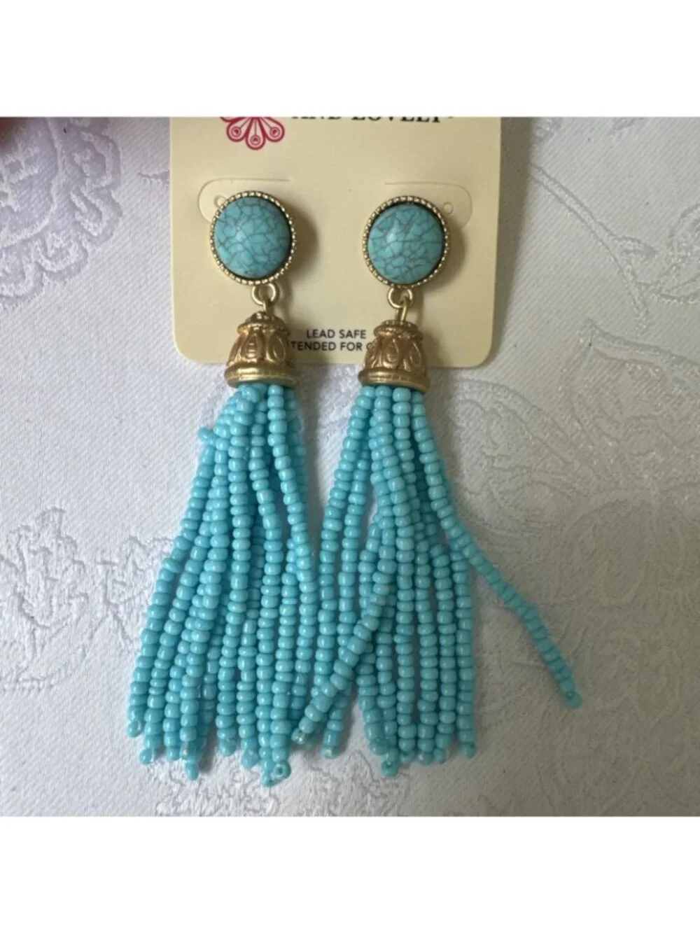 Colombus And Lovely Earrings Turquoise Blue Tassel Seed Bead GoldTone 3.5